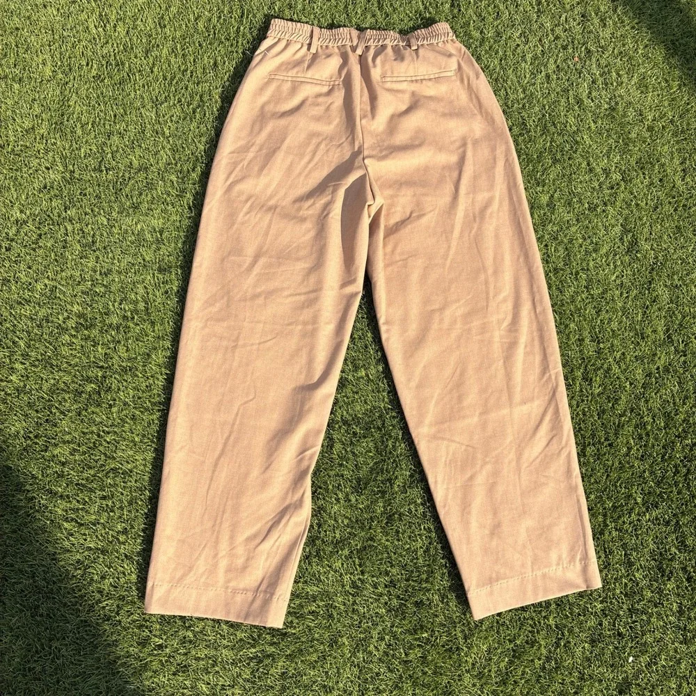 MNML Mens Small Tan Pleated Trousers Elastic Waist Khaki Straight Leg Relaxed